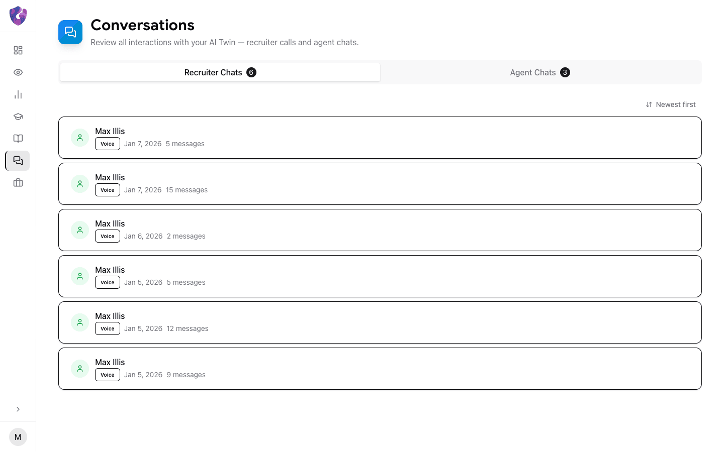 Conversations view showing recruiter interactions and analytics