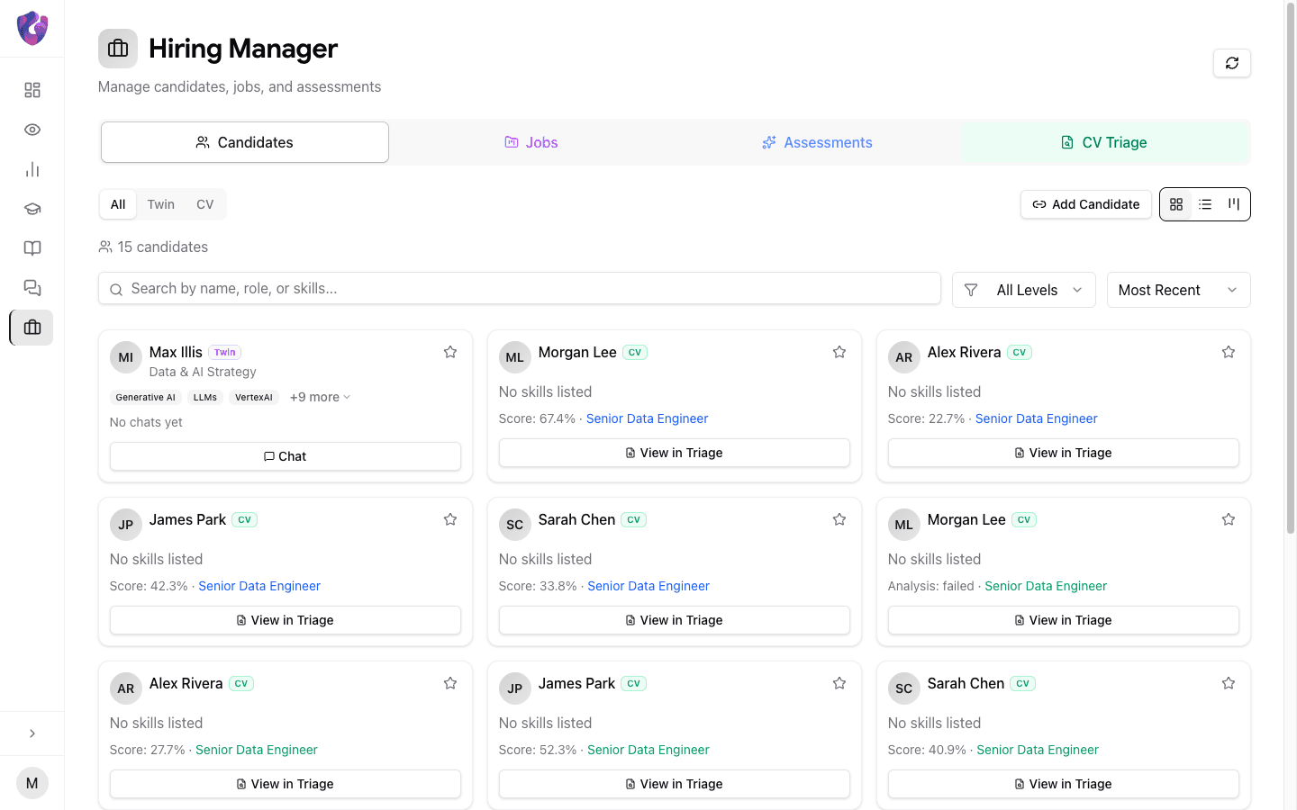 Hiring manager dashboard showing candidate pipeline and scoring